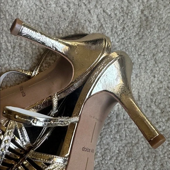 🆕 Dolce Vita Distressed Gold Strap Cage Leather Slingback Pointed Toe Heels 9.5 - Picture 15 of 17